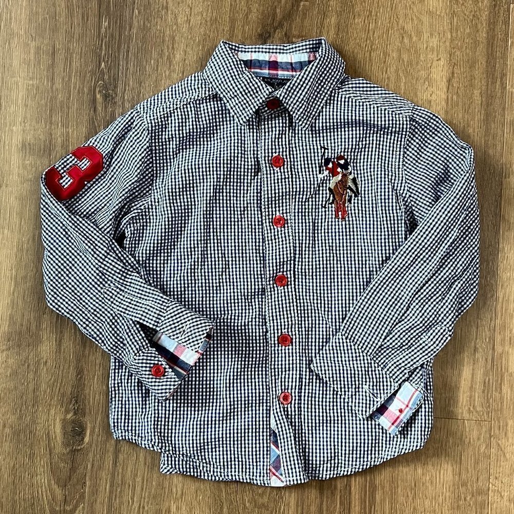 US Polo Assn Blue Gingham Embroidered Long Sleeve Button #3 Shirt Sz 3T